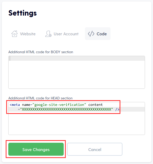 Paste the code into Mozello Settings
